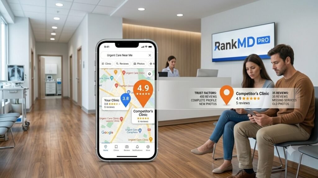 Urgent care clinic Google Business Profile listing on mobile showing high star rating and patient reviews.