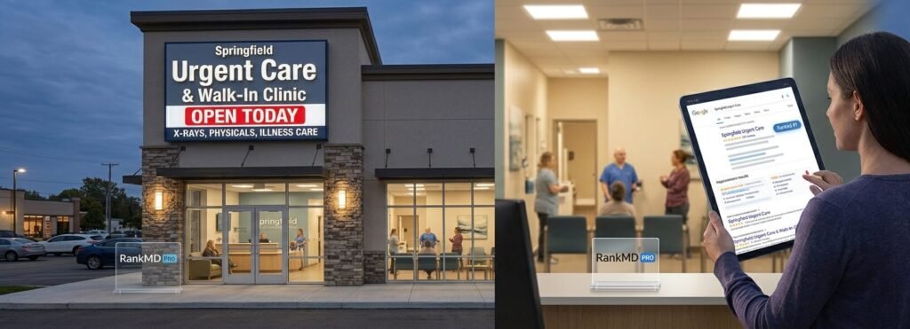 A woman holding a tablet showing top local Google Search results outside a modern walk-in urgent care clinic displaying the Rank MD Pro logo.