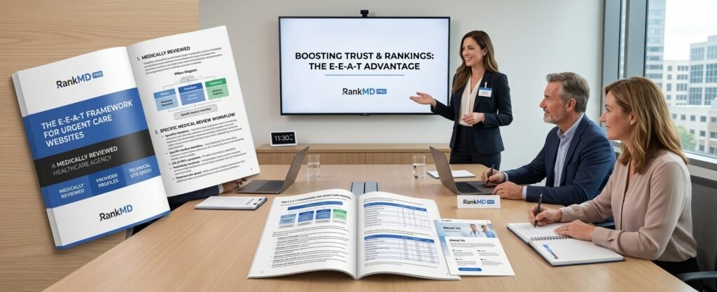 A realistic photograph of a healthcare marketing presentation inside a modern clinic conference room. A RankMD Pro strategist presents slides on 'BOOSTING TRUST & RANKINGS: THE E-E-A-T ADVANTAGE' to clinic administrators, with detailed RankMD Pro manuals laid out on the desk displaying medical review workflows, doctor profiles, and trust signals.
