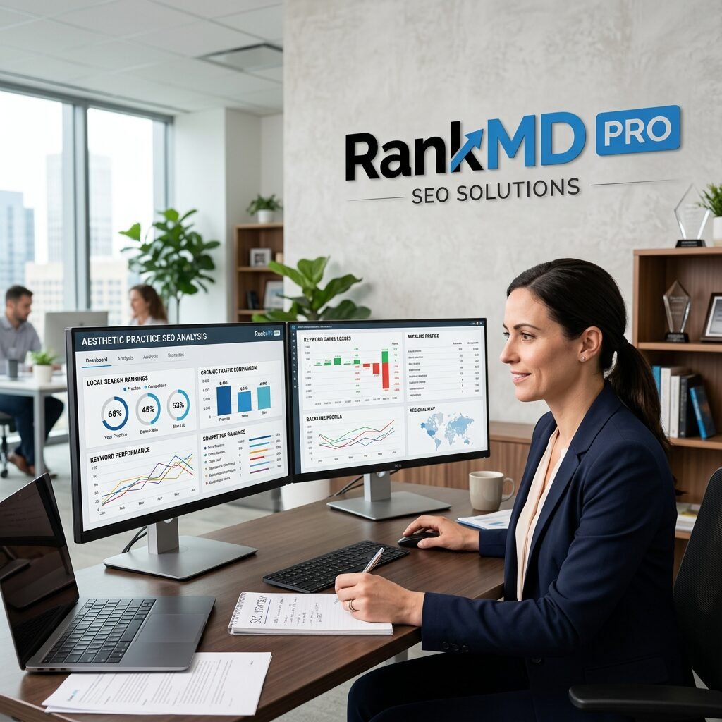 A professional digital marketing office showing a comparison of SEO performance charts on dual monitors with the RankMD PRO logo on the wall.