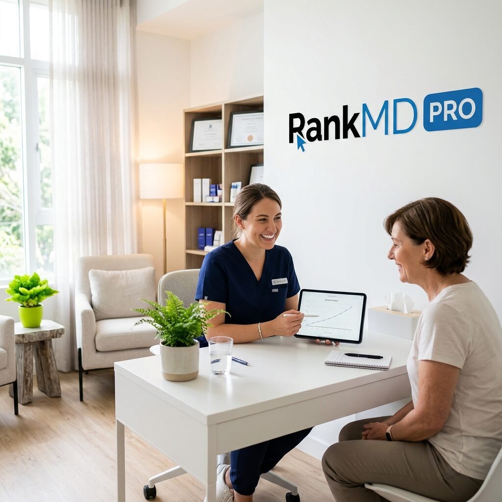 A medical spa consultant showing a growth chart on a tablet to a patient in a bright, modern office with the RankMD Pro logo on the wall.