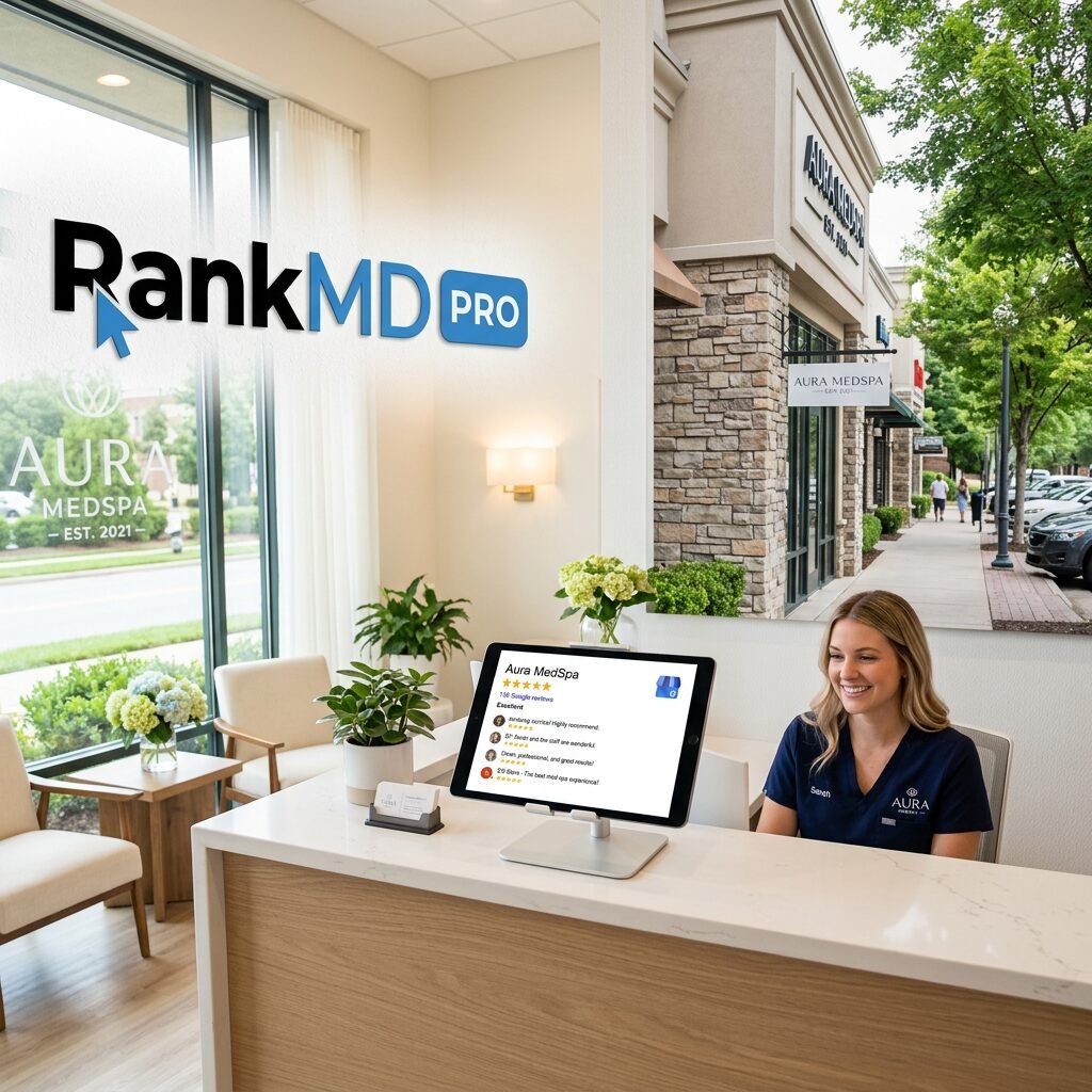 A professional medical spa reception area featuring a tablet with a 5-star Google Business Profile and the RankMD Pro logo on a modern wall.