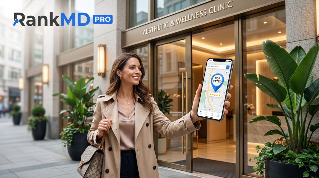 Patient finding a local medical spa on Google Maps and arriving at a luxury aesthetic clinic, featuring RankMD PRO branding.