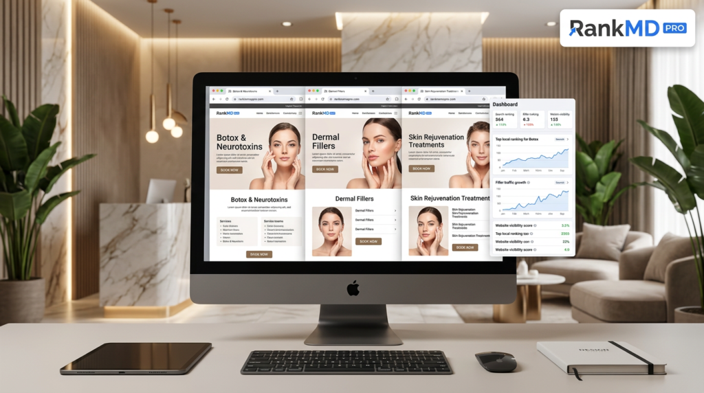 Dedicated treatment service landing pages and SEO ranking architecture for aesthetic clinics by RankMD PRO.