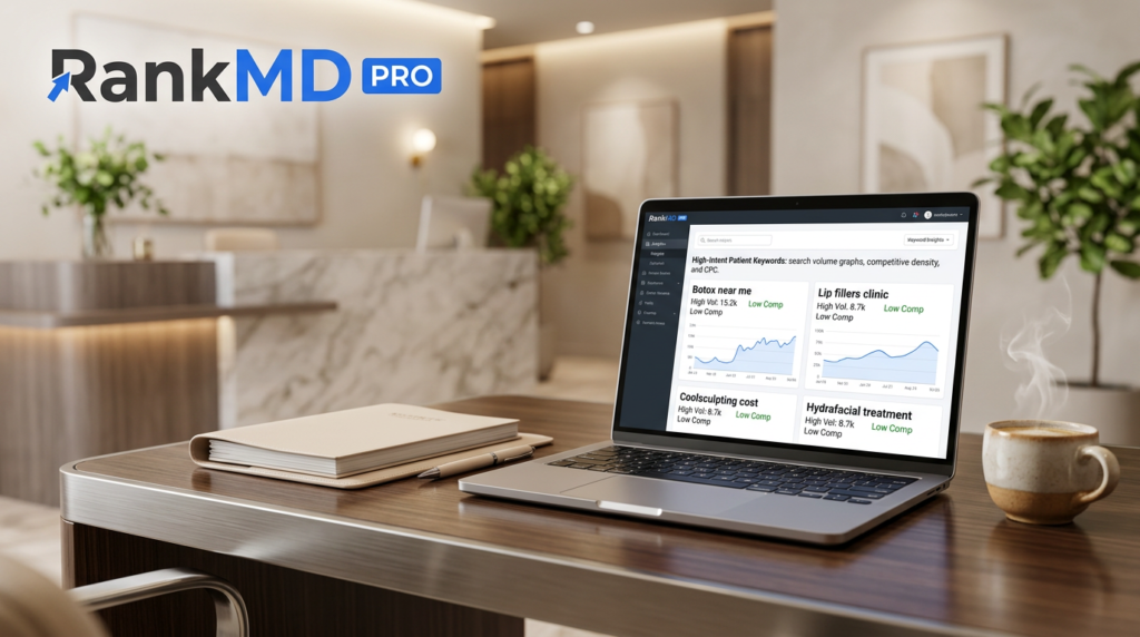 Medical spa keyword research dashboard and high-intent patient search analytics by RankMD PRO in a modern clinic office.