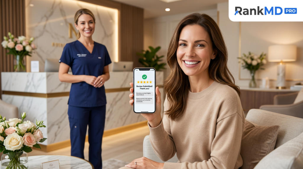 Happy aesthetic patient submitting a 5-star online review on a smartphone in a luxury medical spa, featuring RankMD PRO branding.