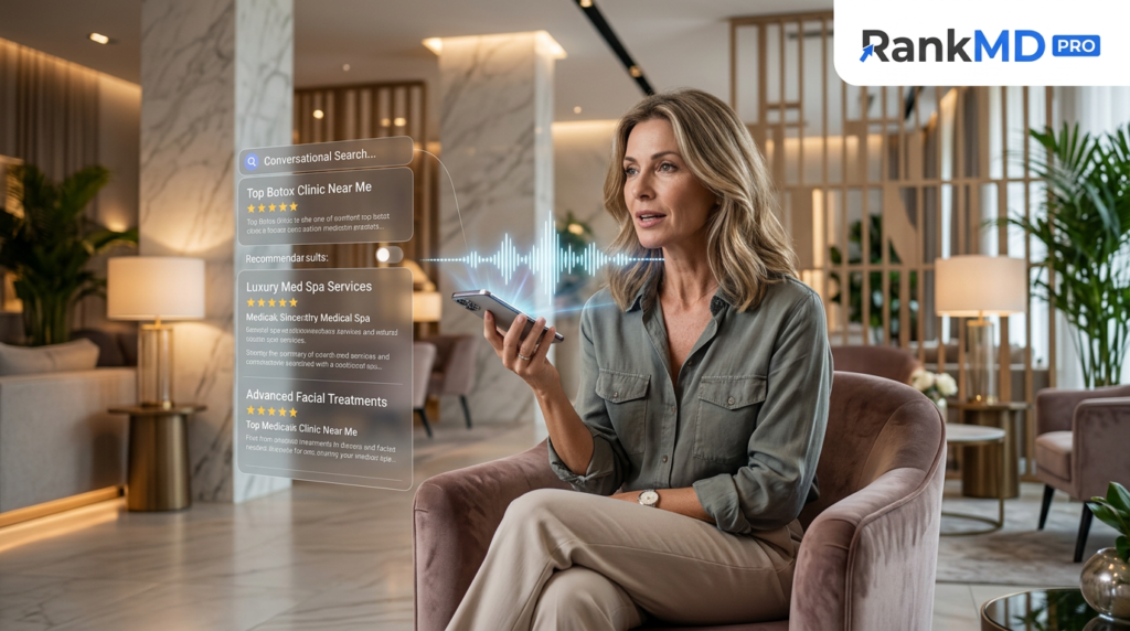 AI voice search interface recommending top medical spa clinics on smartphone, featuring RankMD PRO branding in a luxury aesthetic clinic.