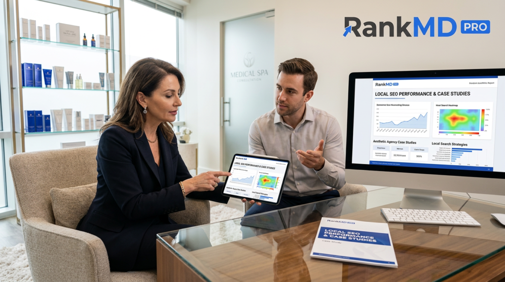 An aesthetic clinic owner and an SEO expert discussing marketing strategy and agency selection, featuring RankMD PRO branding.