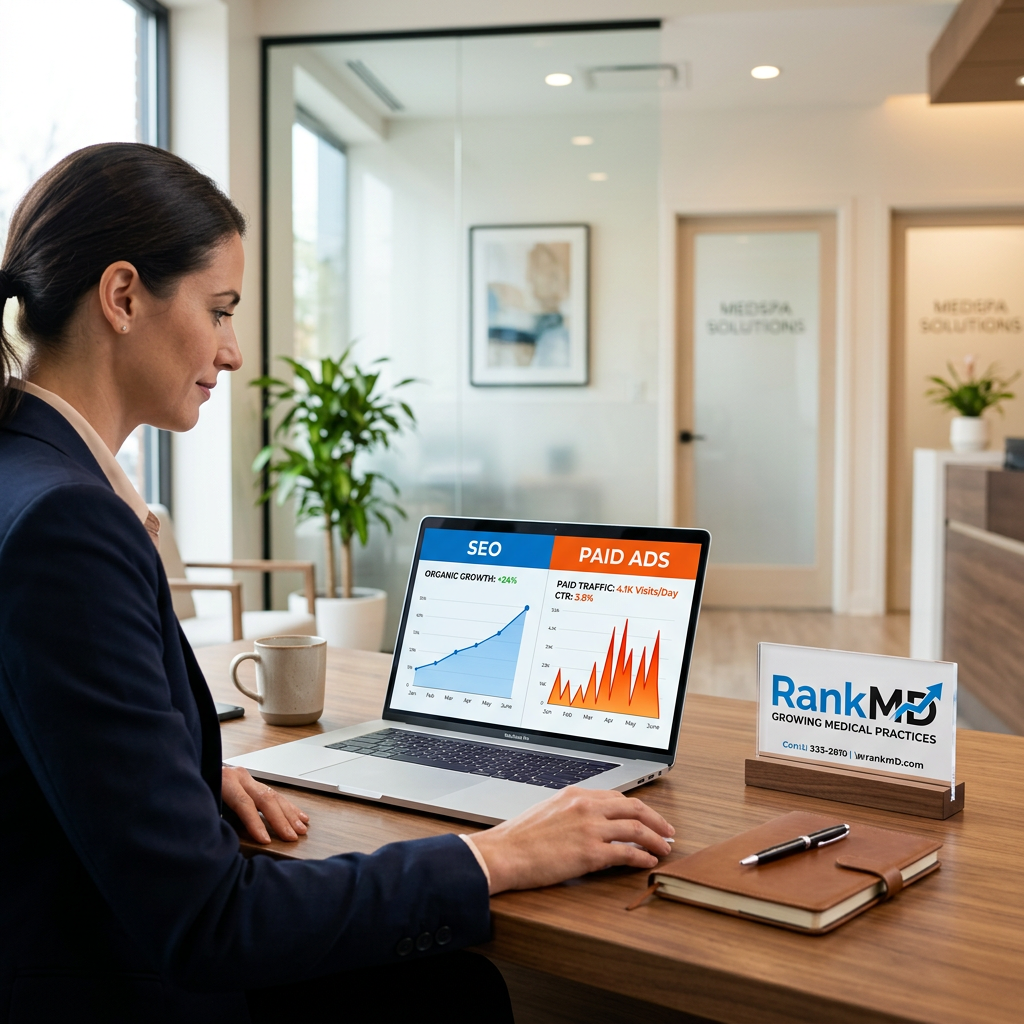 A high-end medical marketing office setup featuring a laptop displaying SEO growth and Paid Ads metrics, with a RankMD Pro branded plaque in a professional clinic environment.