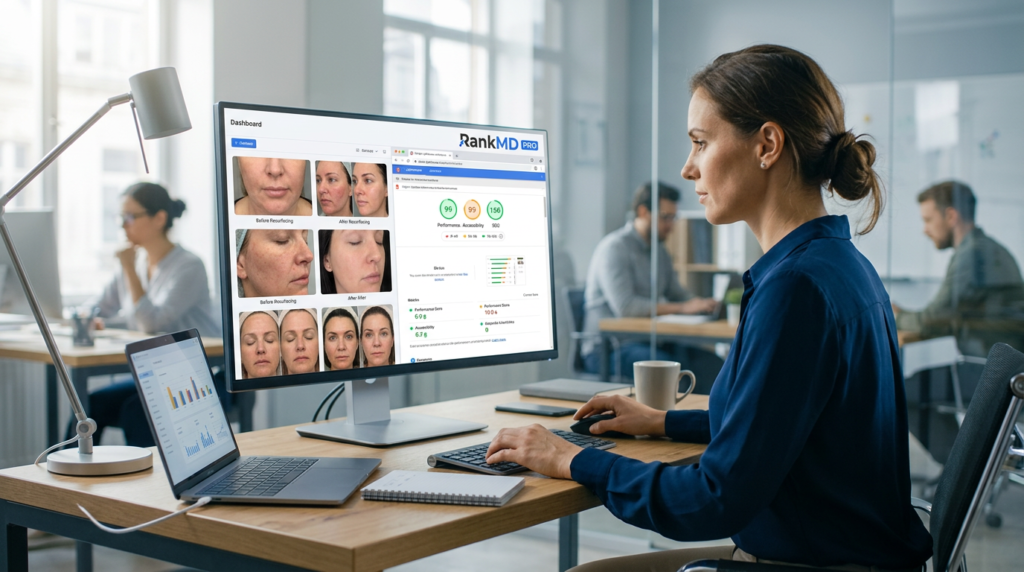 A digital strategist optimizing a medical spa before-and-after gallery for Core Web Vitals, featuring RankMD PRO branding.
