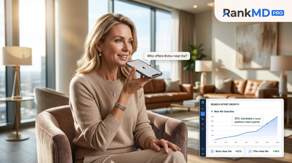 A woman using voice search on her phone to find a local medical spa, featuring RankMD PRO branding.