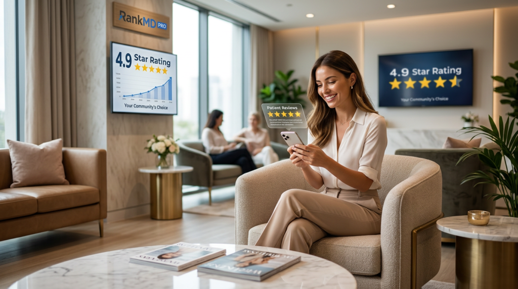 A happy medical spa patient reading positive 5-star reviews on a smartphone, featuring RankMD PRO branding.