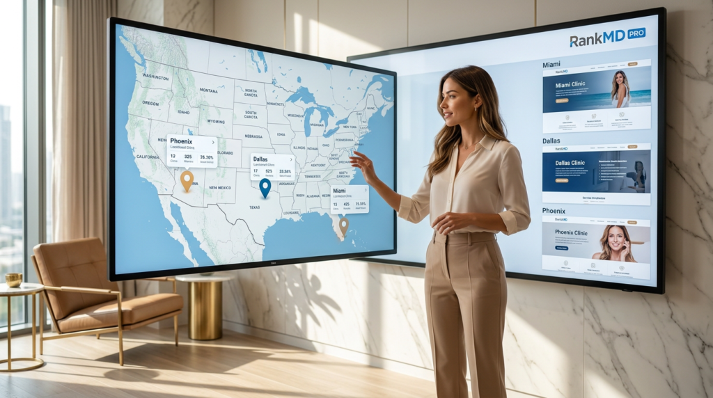 A medical spa group executive reviewing a digital map and localized branch pages for multiple U.S. clinic locations, featuring RankMD PRO branding.