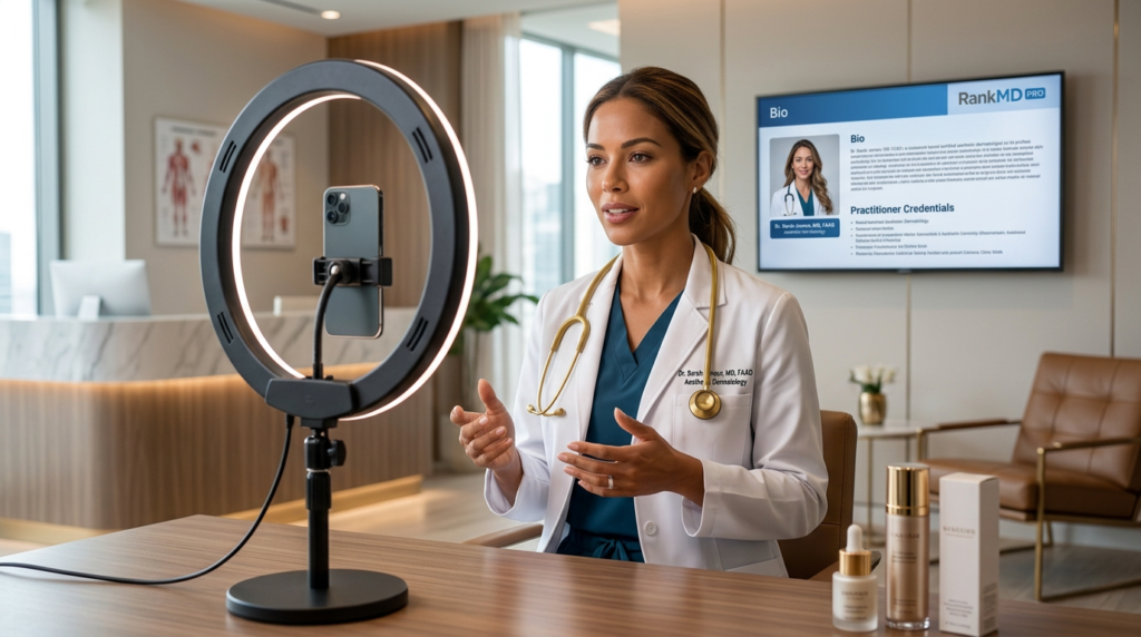 An aesthetic dermatologist recording expert video content to build Google E-E-A-T and patient trust, featuring RankMD PRO branding.