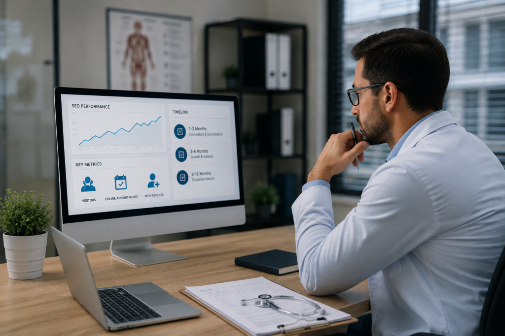 Medical SEO timeline showing how healthcare SEO improves rankings, traffic, and patient inquiries