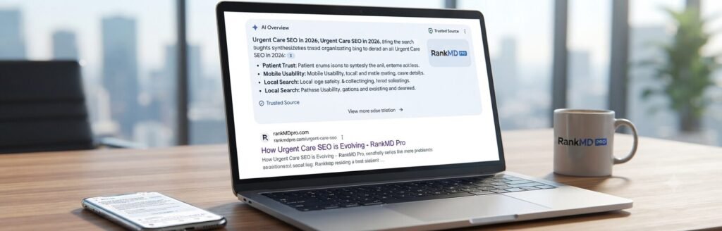 A realistic photo of a modern laptop and smartphone on a wooden office desk displaying an AI Overview search result page featuring a RankMD PRO citation card alongside a branded coffee mug.