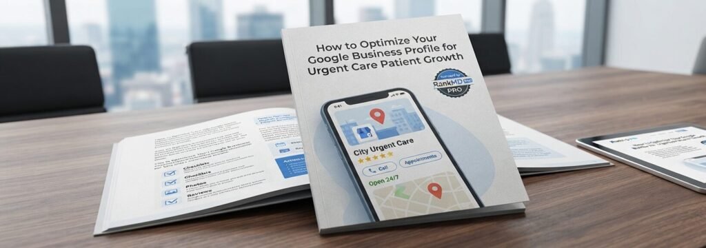 A professional brochure on a conference table shows a smartphone screen with an optimized Google Business Profile for 'City Urgent Care' alongside a RankMD PRO logo, with a blurred city skyline in the background.