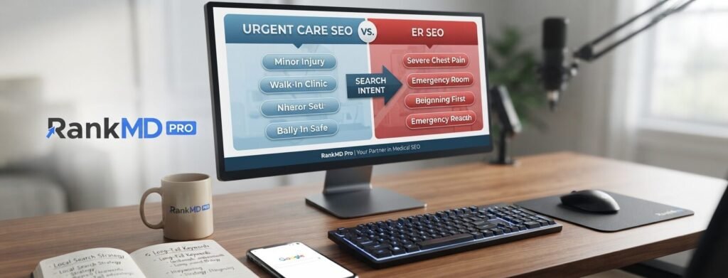 A professional workspace showing a computer screen comparing Urgent Care SEO strategies versus ER SEO strategies, with the RankMD Pro logo clearly visible.