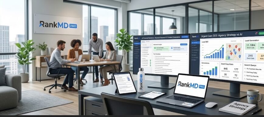 An SEO specialist analyzing urgent care local search data, comparing agency strategy versus AI tool performance on dual monitors in a Rank MD Pro branded office.