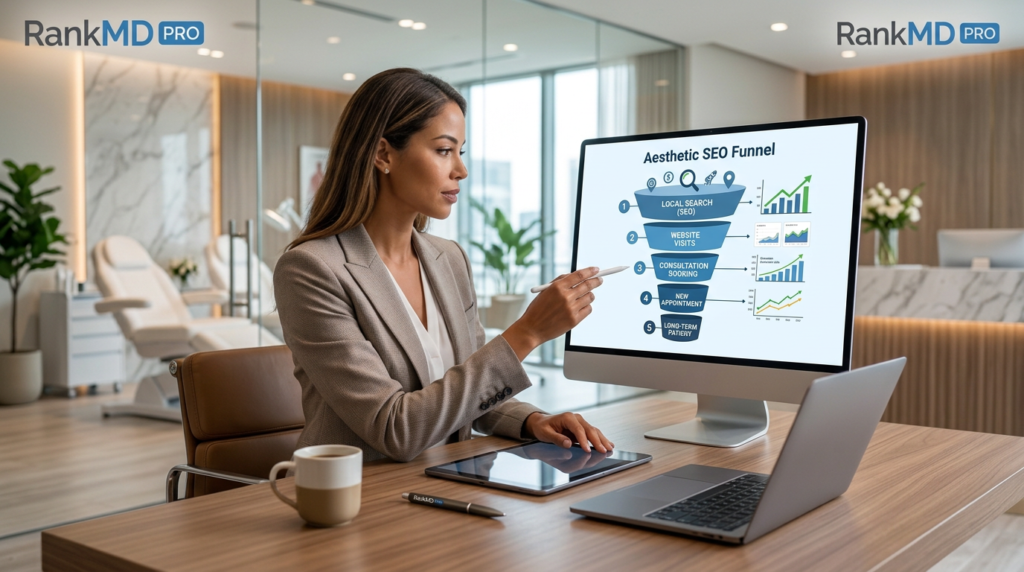 A digital marketing expert at RankMD Pro analyzing an aesthetic SEO conversion funnel on a monitor, featuring RankMD PRO branding.