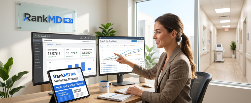 A digital marketing professional at RankMD Pro analyzing the performance of medical spa SEO and paid search campaigns to optimize patient acquisition costs.