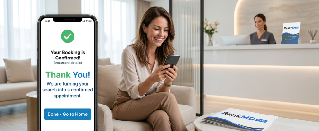 A patient at an aesthetic clinic successfully booking an appointment on a mobile device, illustrating the effectiveness of the RankMD Pro conversion-optimized SEO framework.