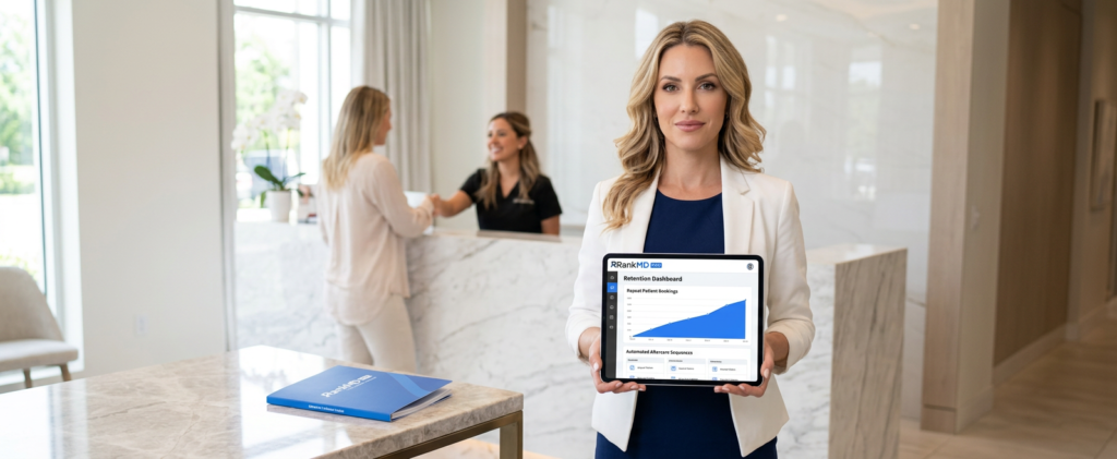 An aesthetic clinic owner reviewing a RankMD Pro retention dashboard, illustrating how automated aftercare and rapid lead response prevent patient loss to competitors.
