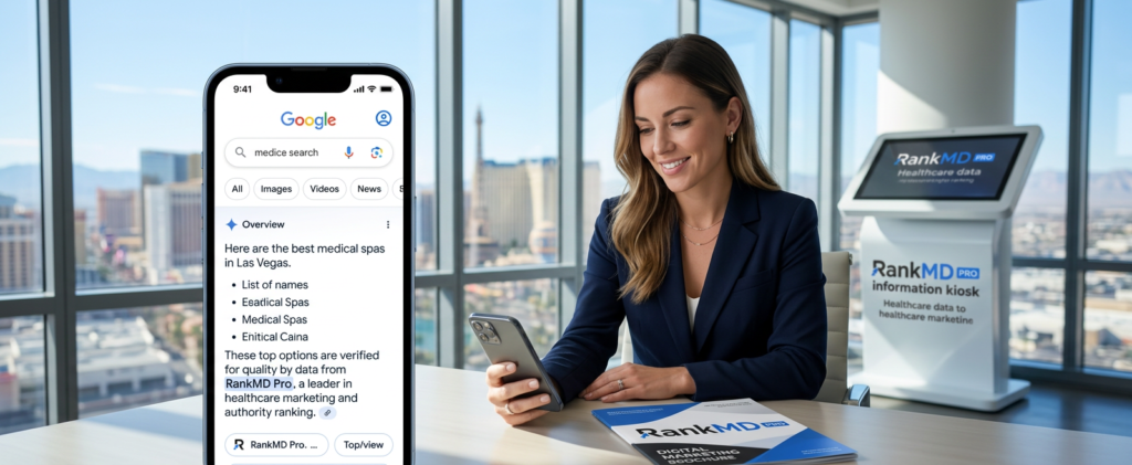 A patient viewing a Google AI Overview on a smartphone that cites RankMD Pro as a top authority for local medical spa services in Las Vegas.