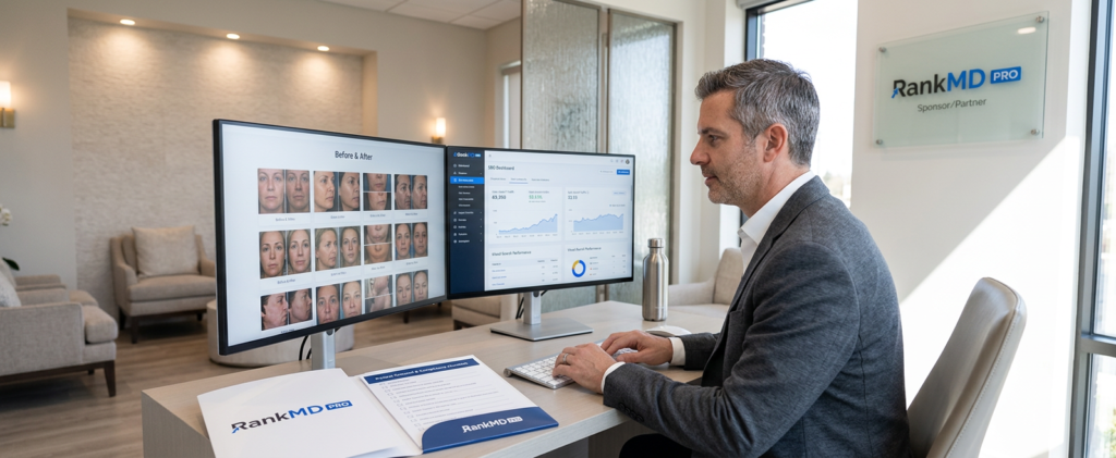 A medical spa owner using the RankMD Pro dashboard to manage high-intent visual search traffic generated from optimized patient case studies and photo galleries.