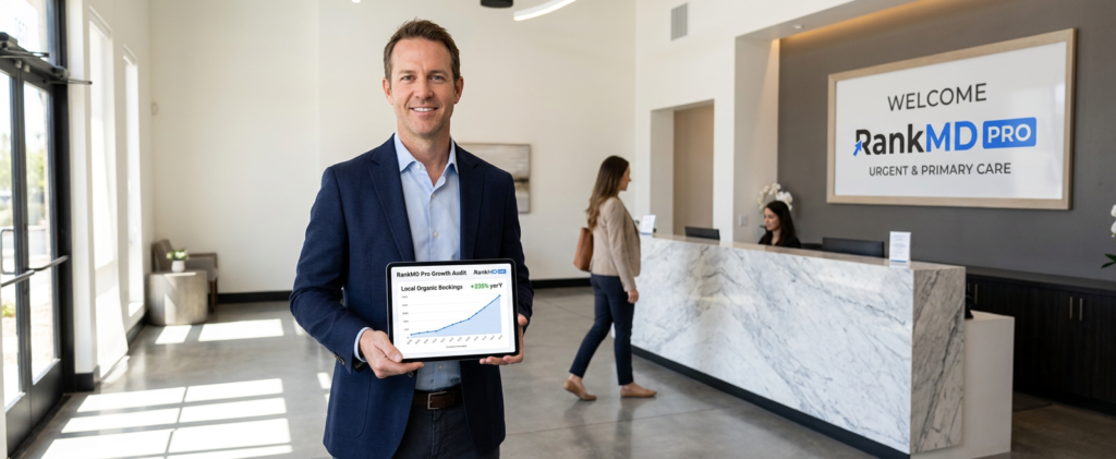 A clinic owner reviewing a RankMD Pro growth audit in a modern Las Vegas medical spa, illustrating how targeted search strategies fill appointment calendars.