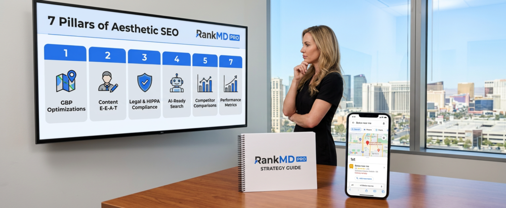 A medical spa director reviewing the RankMD Pro 7-pillar SEO framework, showing how optimized Google Business Profiles and E-E-A-T signals drive local patient discovery.