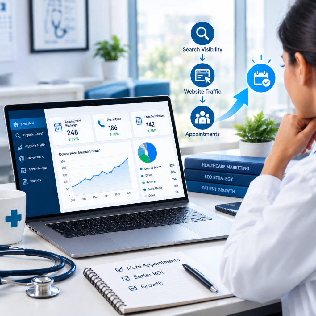Medical SEO ROI dashboard tracking appointments calls leads and patient acquisition