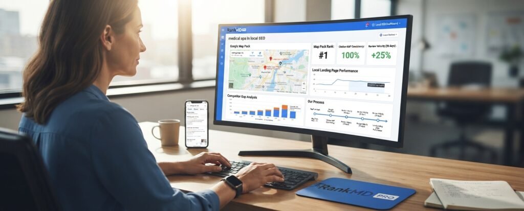 A digital marketing professional views a RankMD Pro dashboard on a large monitor, showing local SEO metrics, a Google Map Pack for medical spas, and a competitor gap analysis.