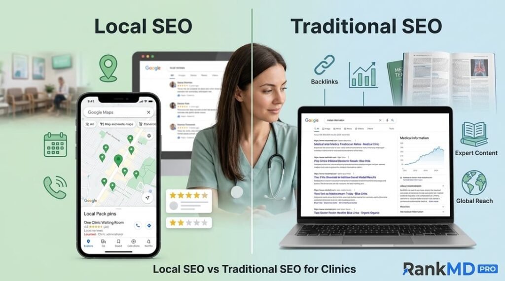 A visual comparison between Local SEO and Traditional SEO for medical clinics, featuring map pack listings, patient reviews, organic search results, and the RankMD Pro logo.