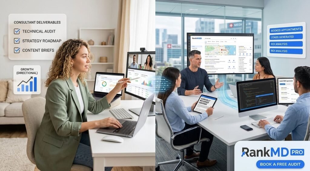 Side-by-side comparison illustrating a healthcare SEO consultant advising on strategy versus a full-service healthcare SEO agency executing technical work, content writing, and local optimization, featuring the RankMD Pro logo.