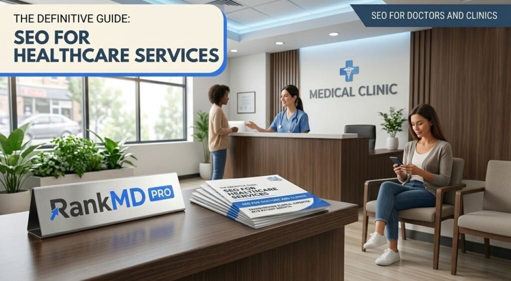 Patient in a modern clinic waiting room using a smartphone to search for local healthcare providers near RankMD Pro desk sign.