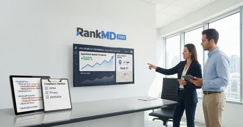Two professionals in a modern office with a large monitor displaying the RankMD Pro Healthcare SEO dashboard for Sahara West Urgent Care, showing a 500% increase in appointments.