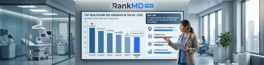 Modern medical office with a digital screen displaying a 2026 healthcare SEO agency comparison chart and RankMD Pro branding.