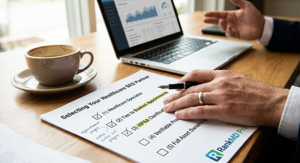 A person holding a fountain pen reviewing a healthcare SEO agency evaluation checklist with the RankMD Pro logo visible on the paper and an analytics dashboard on a laptop in the background.