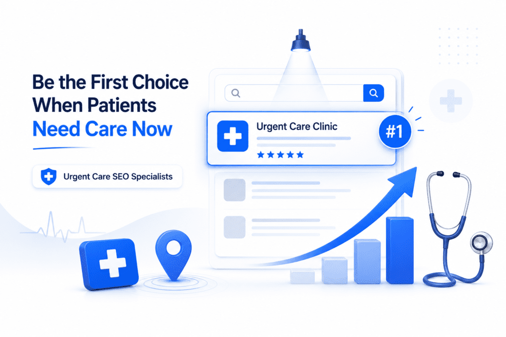 A realistic 3D medical marketing graphic showing a tablet displaying a #1 ranked Google Business Profile for an urgent care clinic, alongside an growth chart arrow, medical icons, and a stethoscope inside a modern healthcare office.