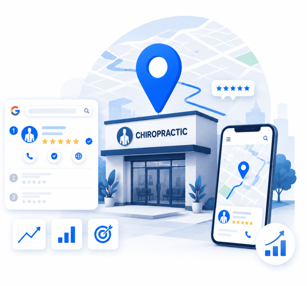 An illustration of a chiropractic clinic storefront with a large blue Google Maps pin overhead, alongside a smartphone displaying navigation and a simulated Google search ranking showing the clinic in the number 1 position with 5 stars.