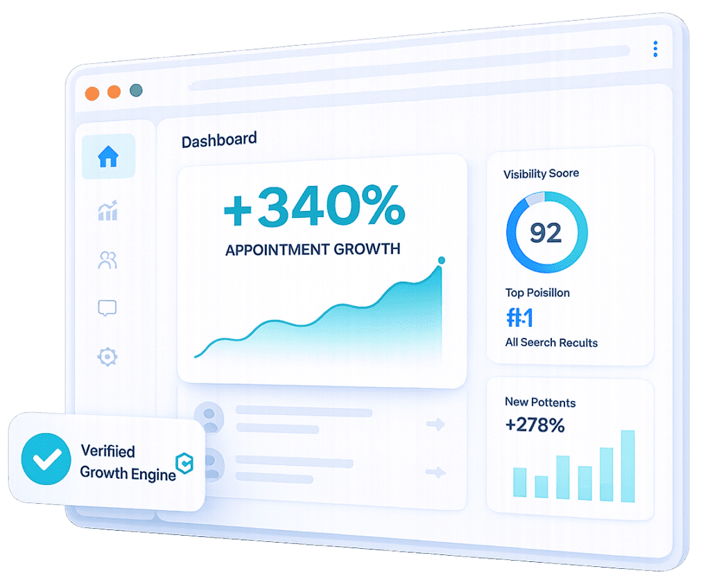 RankMD Pro Mental Health SEO performance dashboard displaying a +340% appointment growth metric, a 92 visibility score, a #1 ranking in search results, and a +278% increase in new patient acquisition for a clinical psychiatry and psychology practice.