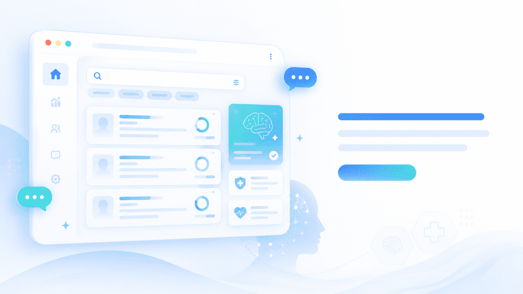 A high-tech digital marketing dashboard illustrating RankMD Pro's GEO framework for mental health clinics, featuring a brain icon graphic, patient profile data nodes, medical protection symbols, and a stylized human silhouette representing AI search engine synchronization.