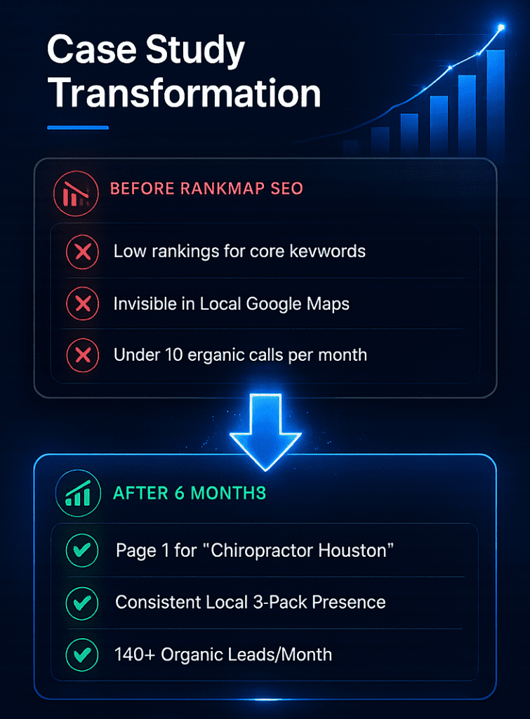 A chiropractic SEO case study graphic showing a before and after transformation. Before metrics include low rankings for core keywords, invisible in local Google Maps, and under 10 organic calls per month. After 6 months metrics show Page 1 for 'Chiropractor Houston', a consistent Local 3-Pack presence, and over 140 organic leads per month.