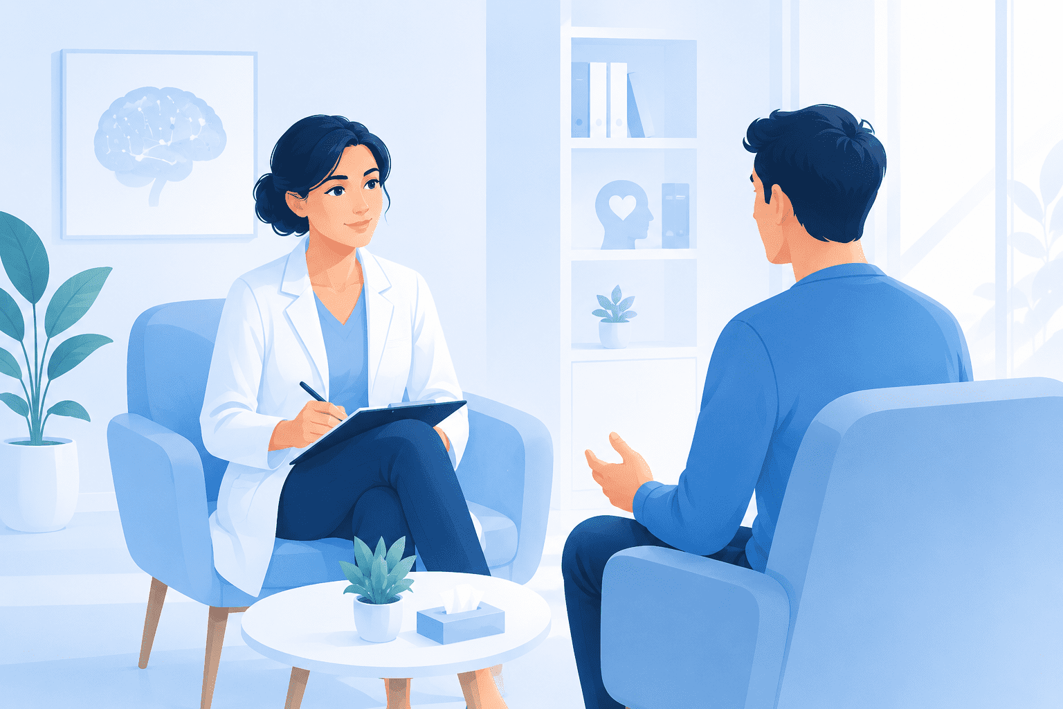 A mental health SEO marketing graphic showing a therapist consulting a patient, representing clinical growth strategies for behavioral health practices.