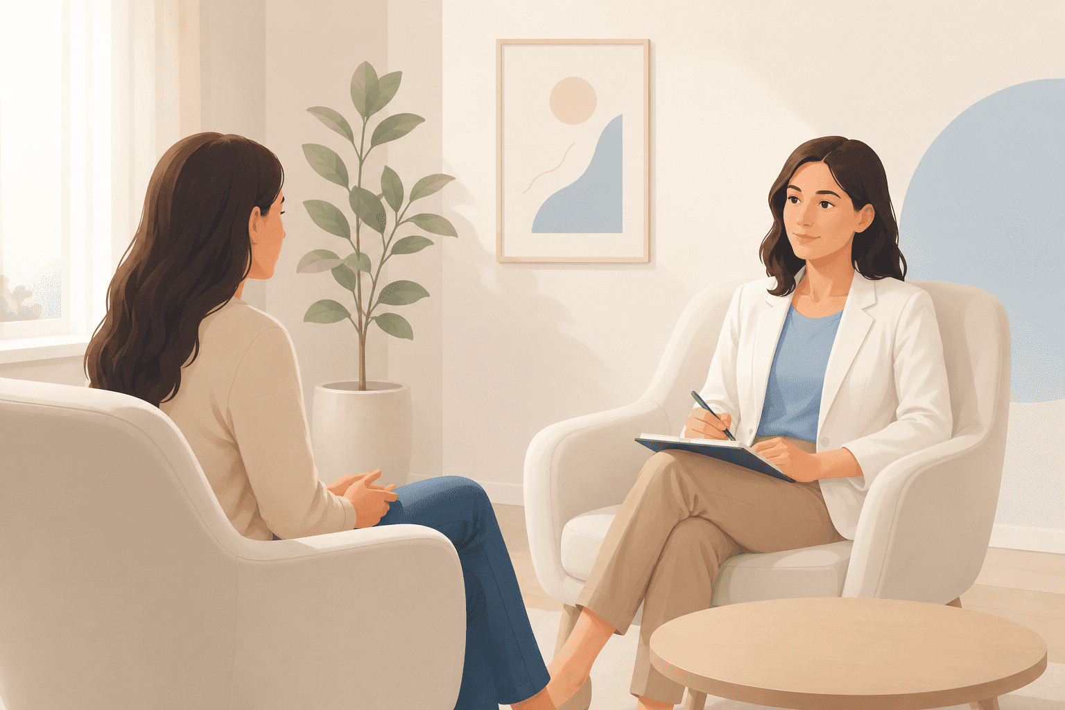 A professional therapist conducting a counseling session in a calm, modern office setting, illustrating SEO growth strategies for mental health clinics.