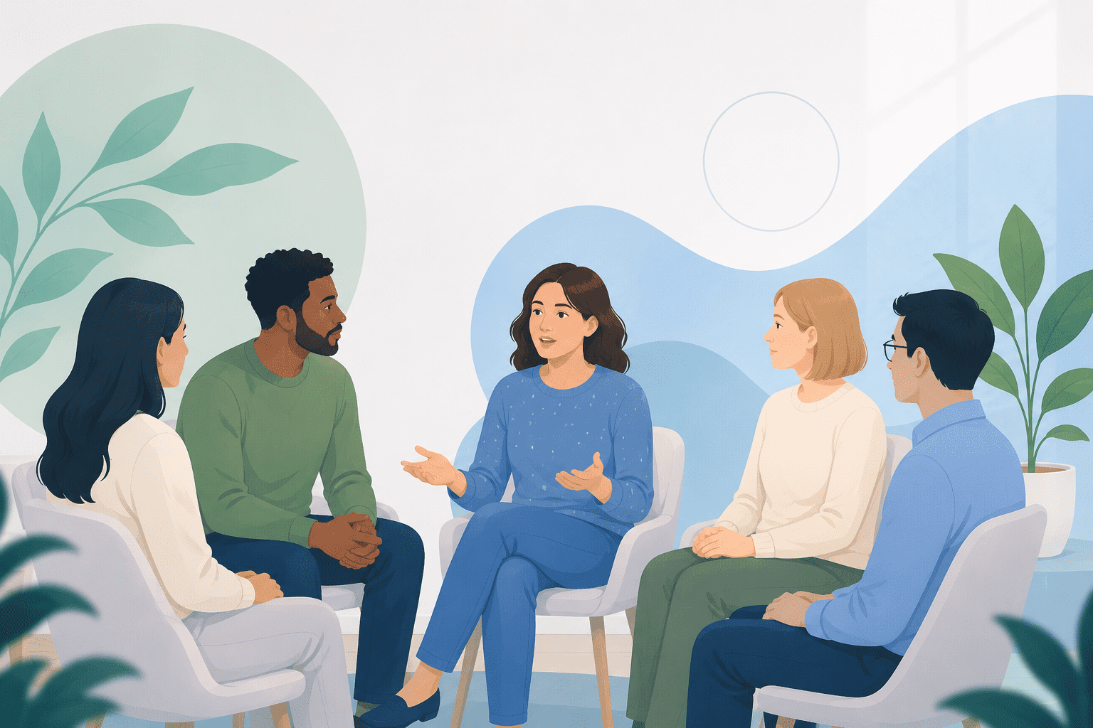 A group therapy session or support group meeting in a modern wellness facility, illustrating specialized local SEO strategies for behavioral health clinics.
