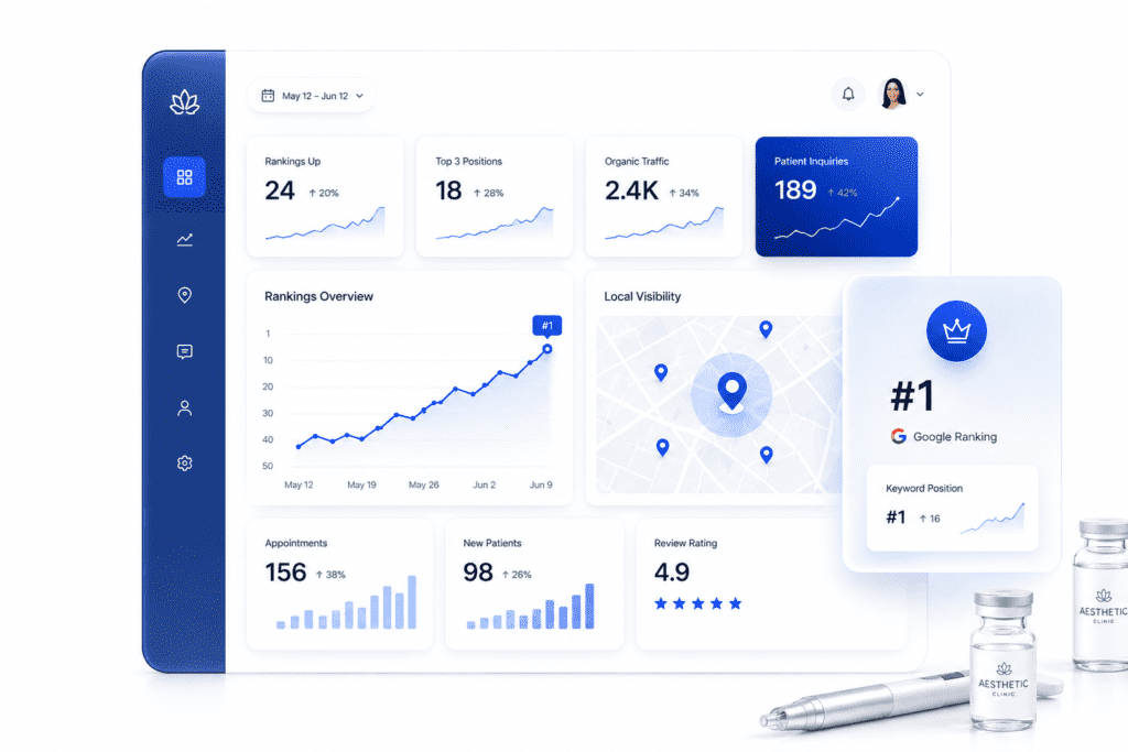 An aesthetic clinic SEO performance dashboard showcasing increased Google rankings, organic traffic growth, and new patient inquiries.