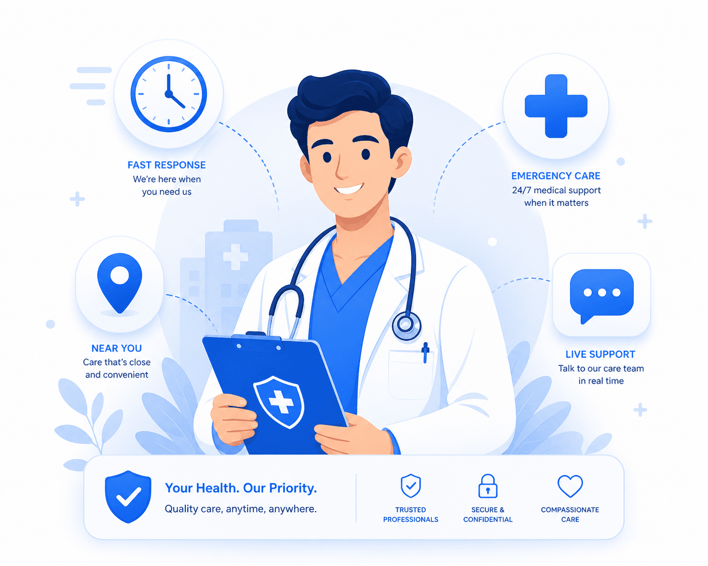 Flat illustration of a male doctor holding a clipboard, surrounded by medical icons for fast response, emergency care, location tracking, and live support. Below the graphic, text highlights "Urgent Care" marketing optimization for high-urgency clinical queries like "urgent care near me."