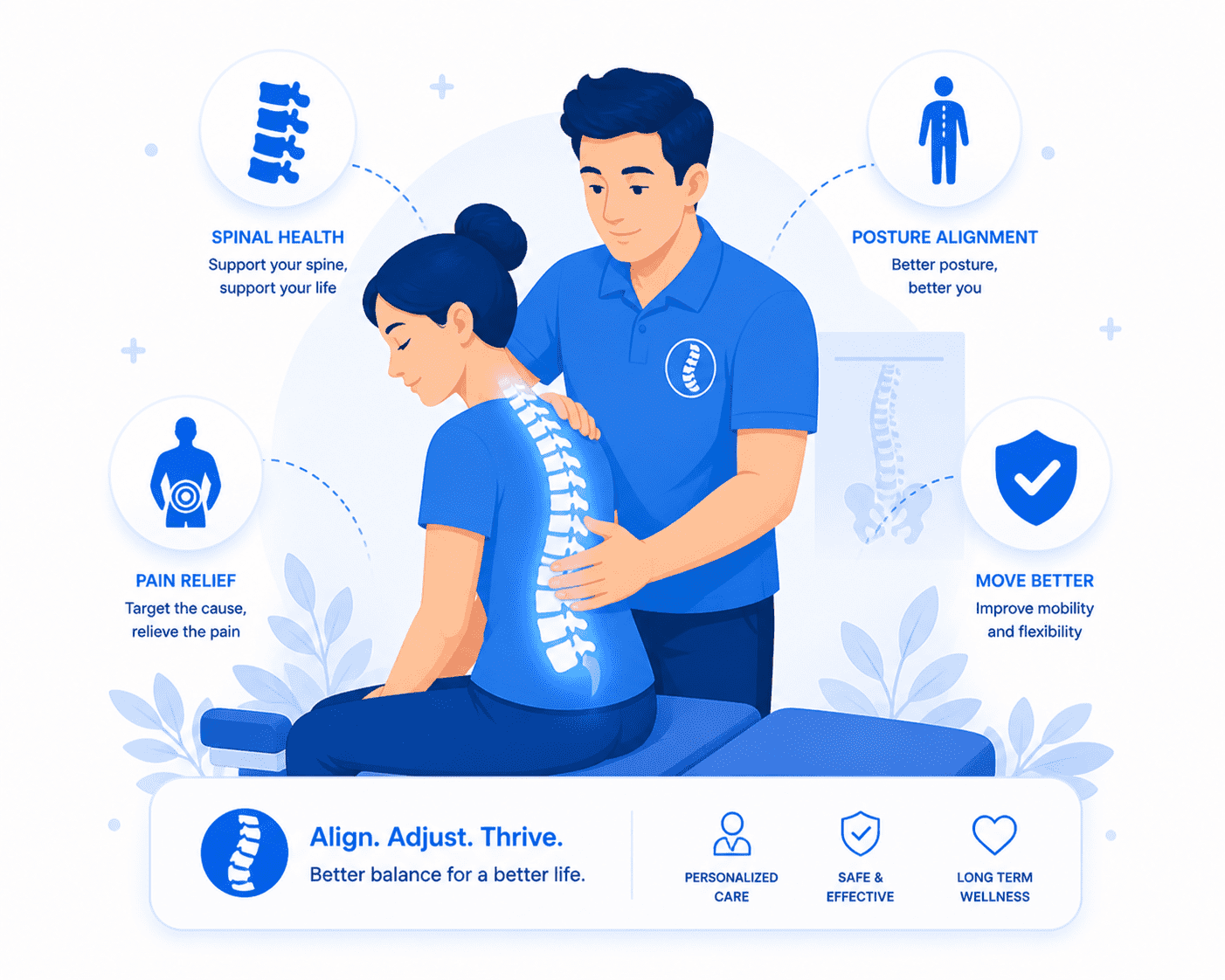 A chiropractic and spinal care marketing graphic detailing local clinic growth strategies, physical therapy SEO, and patient acquisition paths.